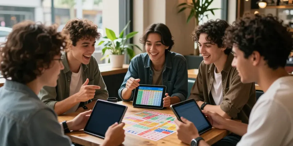 Friends engaging over togel at a café with lottery tickets and smartphones.