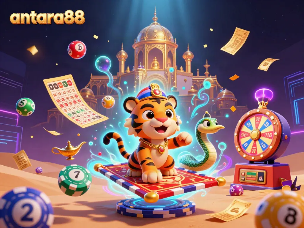 Experience the vibrant world of antara88 with a dynamic casino scene featuring colorful elements and characters.