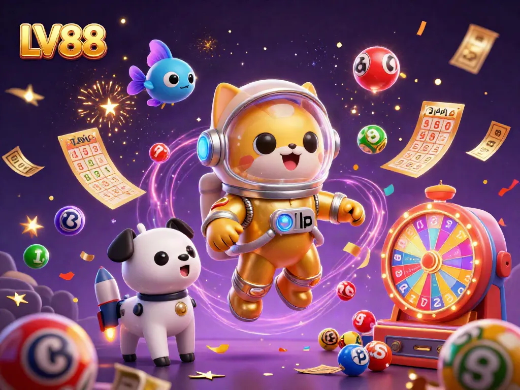 Experience the excitement of LV88 with a vibrant casino scene featuring lottery elements and dynamic characters.