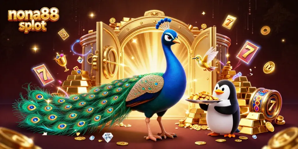 Engage with the nona88 slot arcade atmosphere, featuring vibrant characters and a treasure-filled scene.