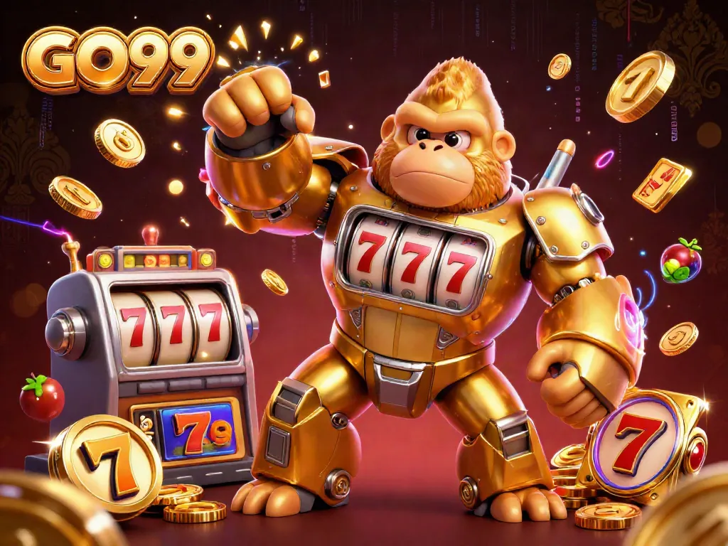 Experience the thrill in GO99 with an explosive golden gorilla mech amidst slot reels and jackpots.