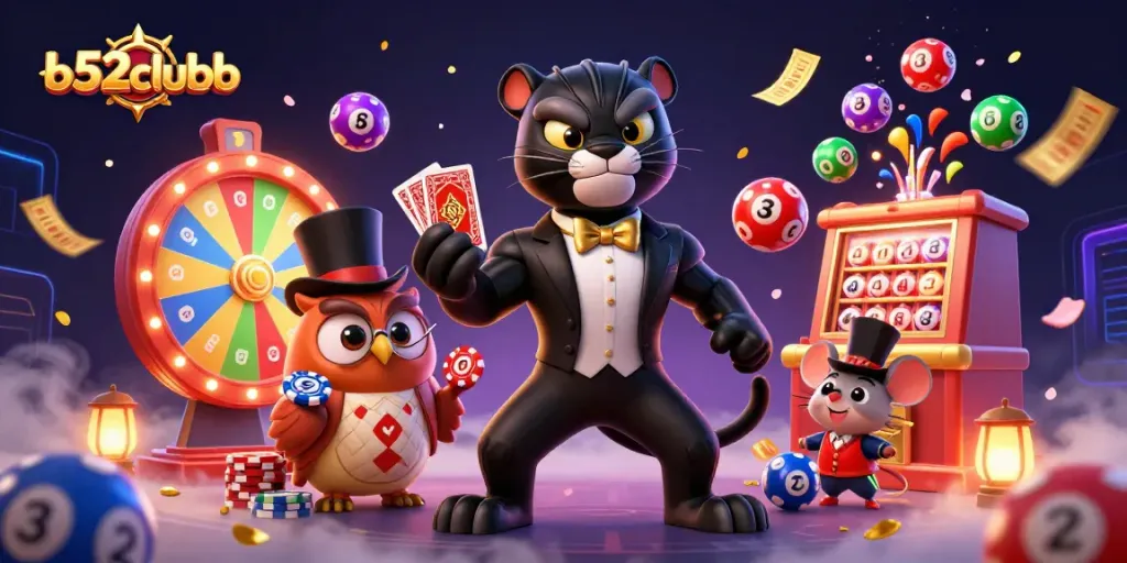 Engage with b52clubb as a black panther deals cards amidst colorful gaming excitement and confetti.