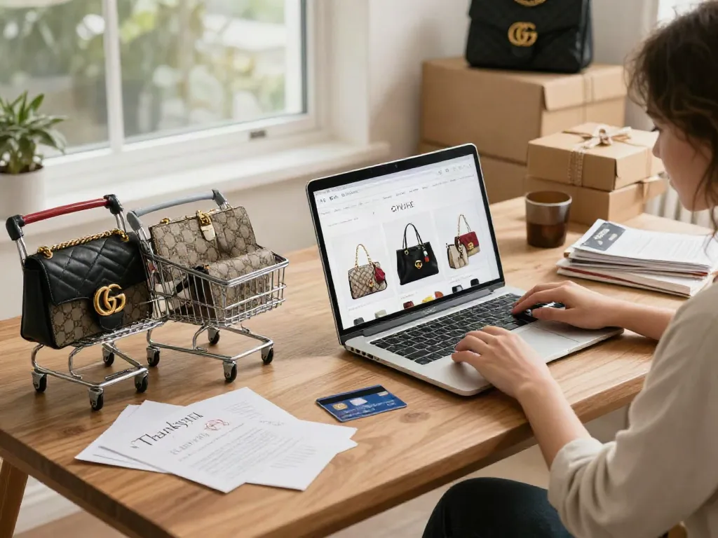 Buy Replica Online with premium designer bags, showcasing e-commerce success in a cozy shopping atmosphere.