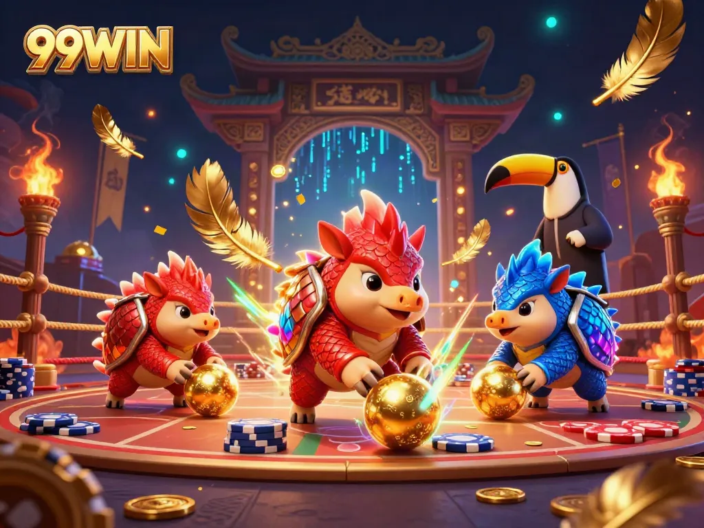 Witness the excitement of 99WIN with rival pangolins bowling through poker chips in a vibrant casino scene.