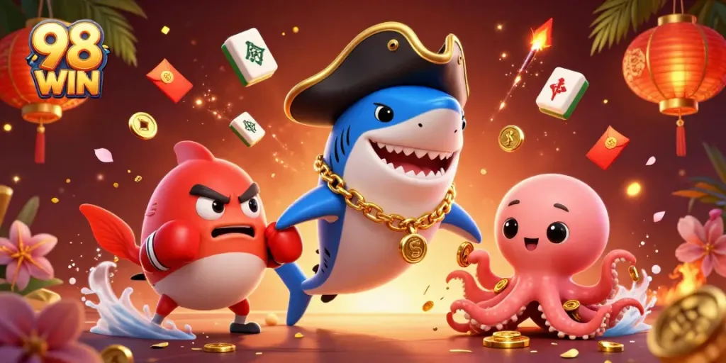 Experience the excitement of 98 WIN with a pirate shark and treasure-holding octopus in a vibrant casino setting.