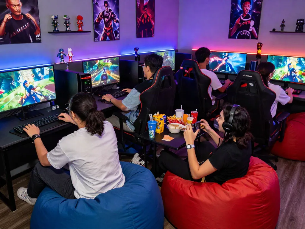 Group enjoying gaming at warung168 with vibrant lights and snacks
