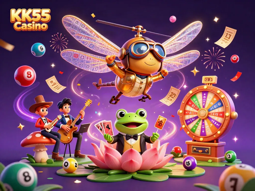 Experience the thrilling world of KK55 Casino with vibrant gaming elements and engaging characters.