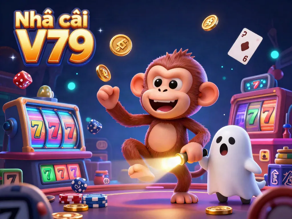 Experience the excitement of Nhà cái V79 with a playful monkey juggling in a haunted casino.