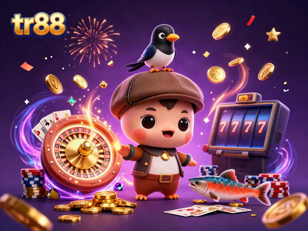 Experience tr88's fun and excitement with 3D characters in a bustling gaming scene.