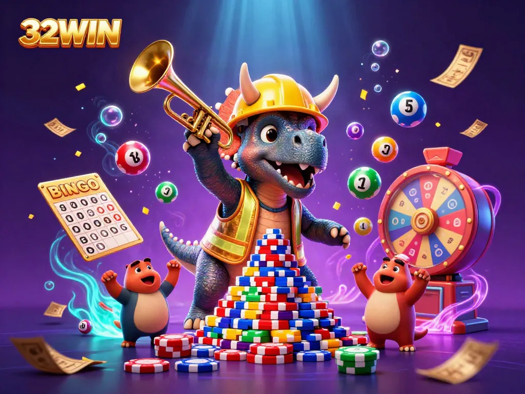 Boost your game at 32WIN with a vibrant illustration detailing a festive casino scene.
