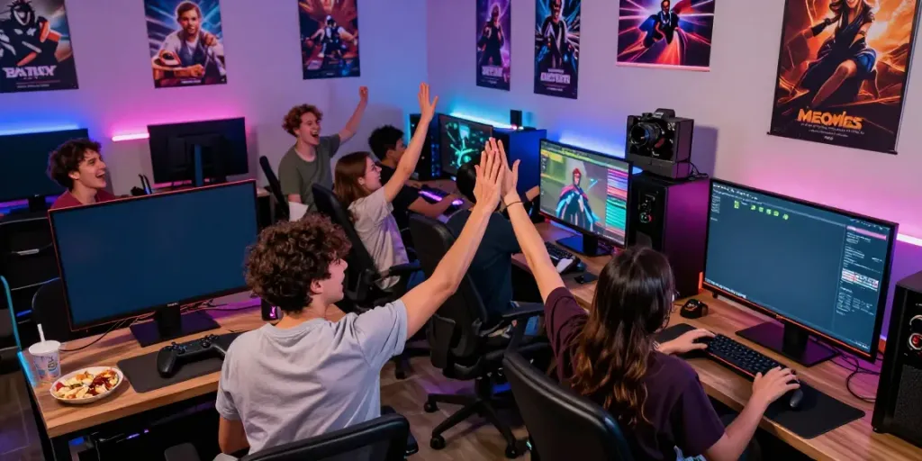Engaging group of friends playing games together in a colorful room, showcasing kilat404's gaming experience.