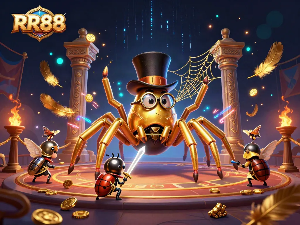Experience thrilling actions at RR88's captivating casino with golden characters in a vibrant 3D scene.