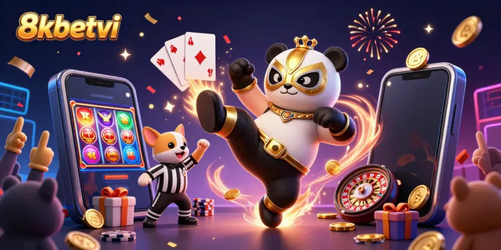 Experience thrilling gameplay at 8xbetvi with panda wrestlers kicking up a storm amidst slot reels and excitement.