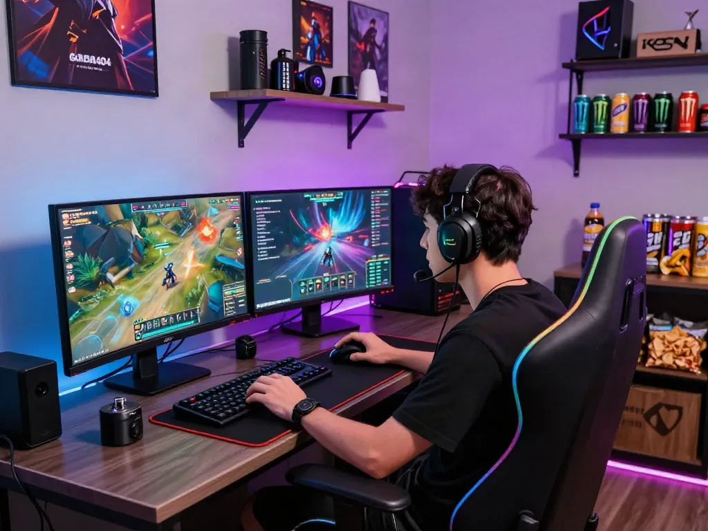 Player engaged in garuda404 online gaming experience in a vibrant gaming hub with dynamic visuals.