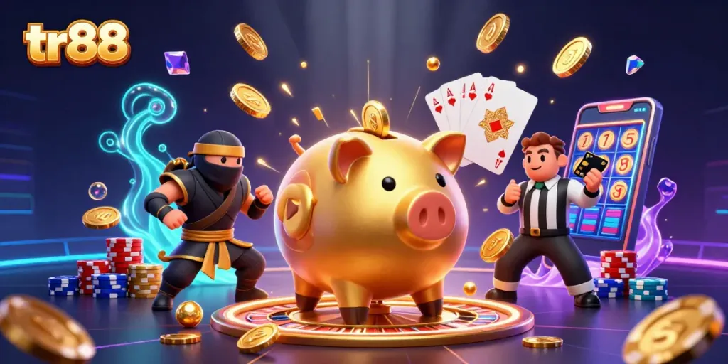tr88 casino scene with a golden piggy bank sumo wrestler, wallet-ninja, and credit-card samurai among flying coins and cards