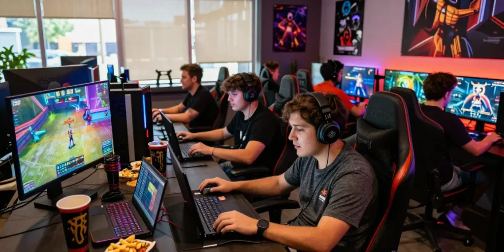 Gamers enjoy a lively session at warung168's digital lounge with snacks and consoles.
