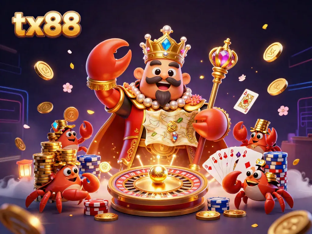 Engage with tx88 as the golden crab emperor rules the casino scene, scattering coins and treasures.