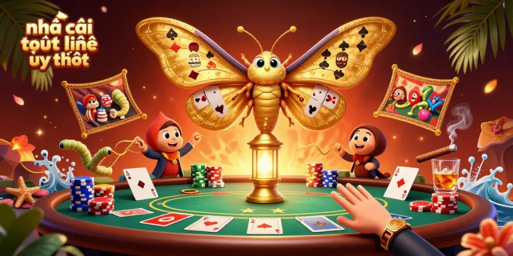 Engage with the nhà cái trực tuyến uy tín showcasing vibrant casino elements and a majestic golden moth.
