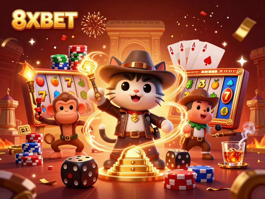 Engage with 8XBET's exciting golden casino artifact discovery scene featuring vibrant slot game elements.