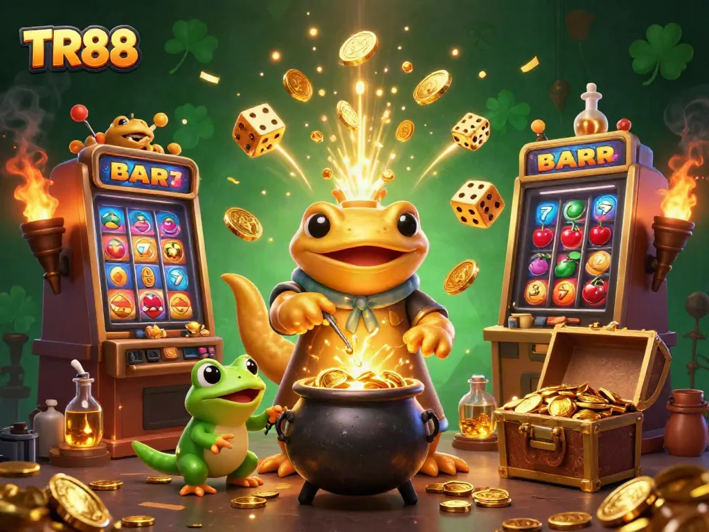Engage with TR88's thrilling casino scene featuring golden alchemist surrounded by jackpot excitement.
