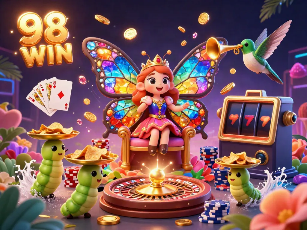 Experience the vibrant world of 98 WIN with enchanting creatures and casino elements showcasing live action and excitement.