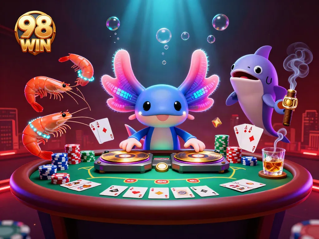 Experience vibrant casino excitement with 98 WIN as axolotl DJ spins winning poker hands.