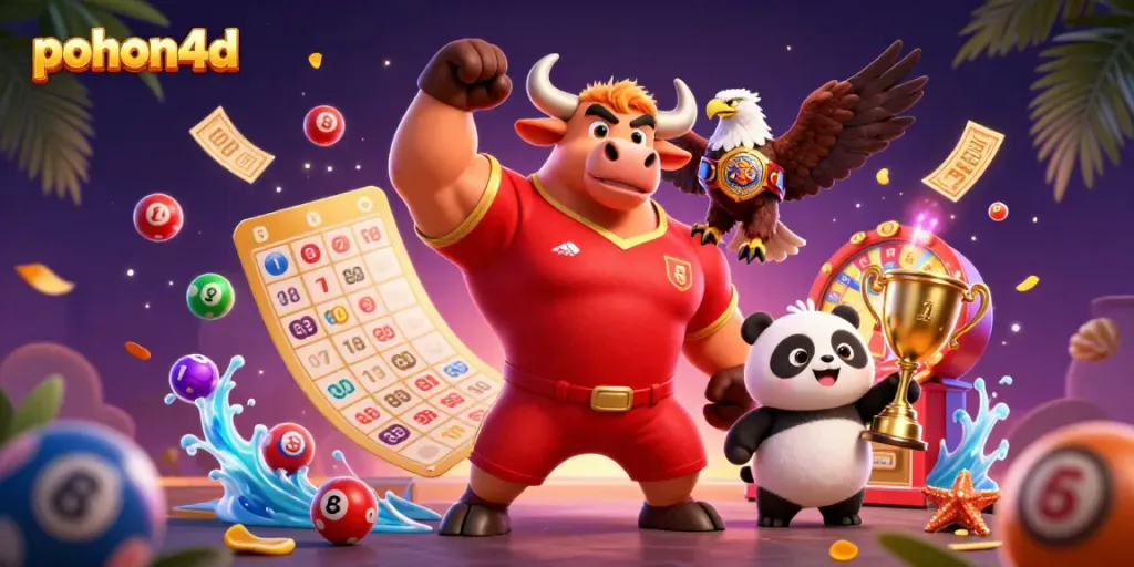 Pohon4d showcases a vibrant celebration of online gaming with a bold bull mascot, eagle, and joyful panda amid dynamic lottery elements.