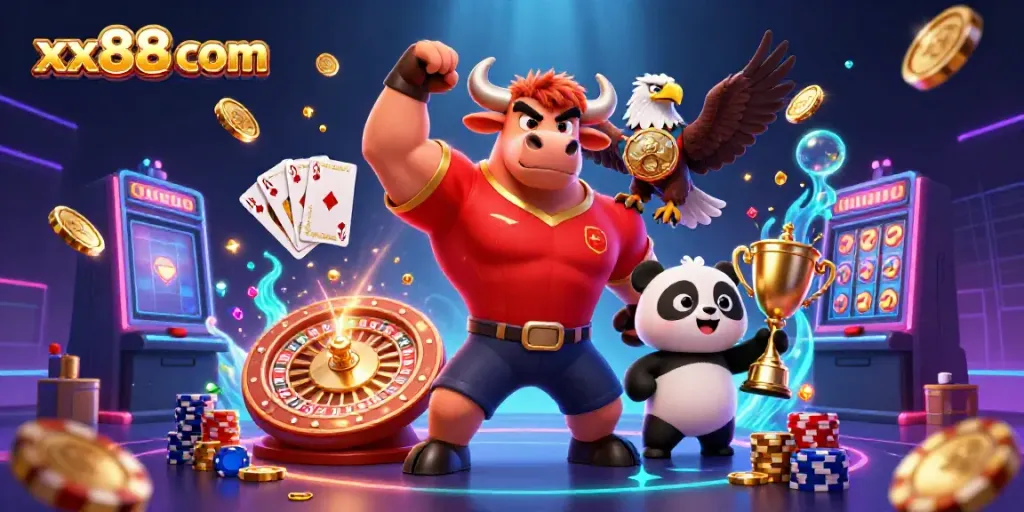 Experience excitement and victory with characters celebrating at xx88 com casino, featuring vibrant gaming elements.