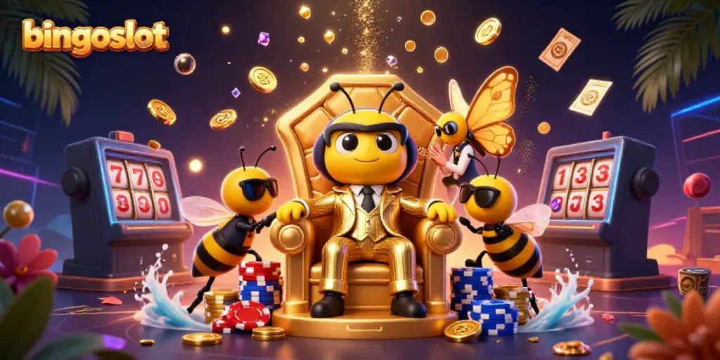 Bermain bingo dan slot dengan bingoslot, ratusan koin emas bertebaran dan karakter menarik dalam suasana kasino.