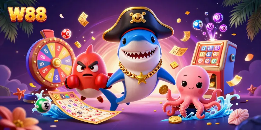 Engage with W88's casino excitement, featuring vibrant characters and dynamic elements in a lively 3D illustration.