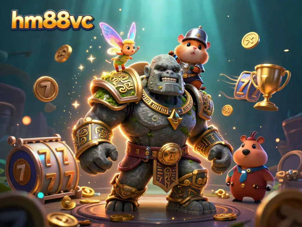 Enhance your play at hm88vc with vibrant spinning slots and magical characters in a rich casino illustration.