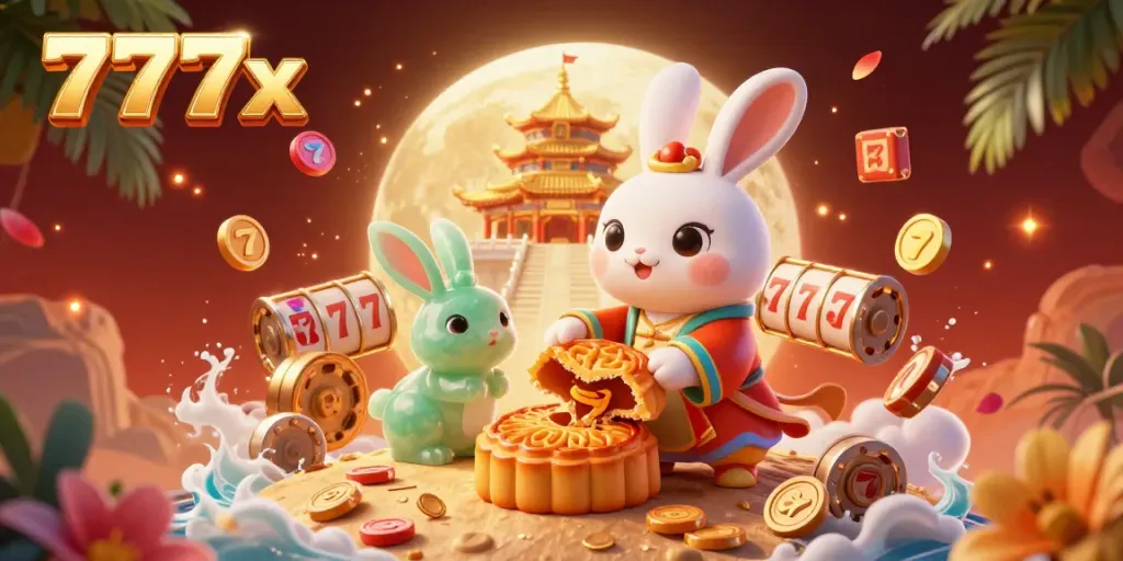 Experience engaging gameplay with 777x in a dynamic casino scene featuring a moon rabbit and poker chips.