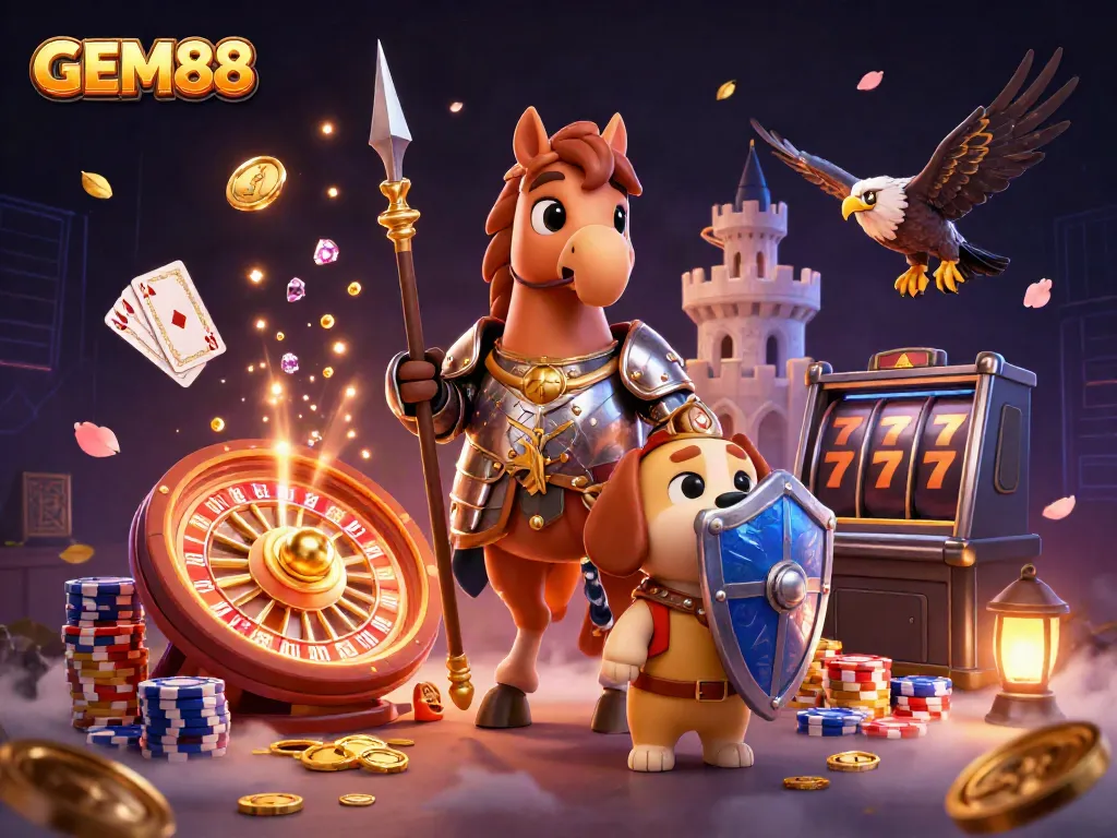 GEM88 showcases epic casino adventures with a medieval knight, playful puppy, and majestic falcon amidst vibrant gaming elements.