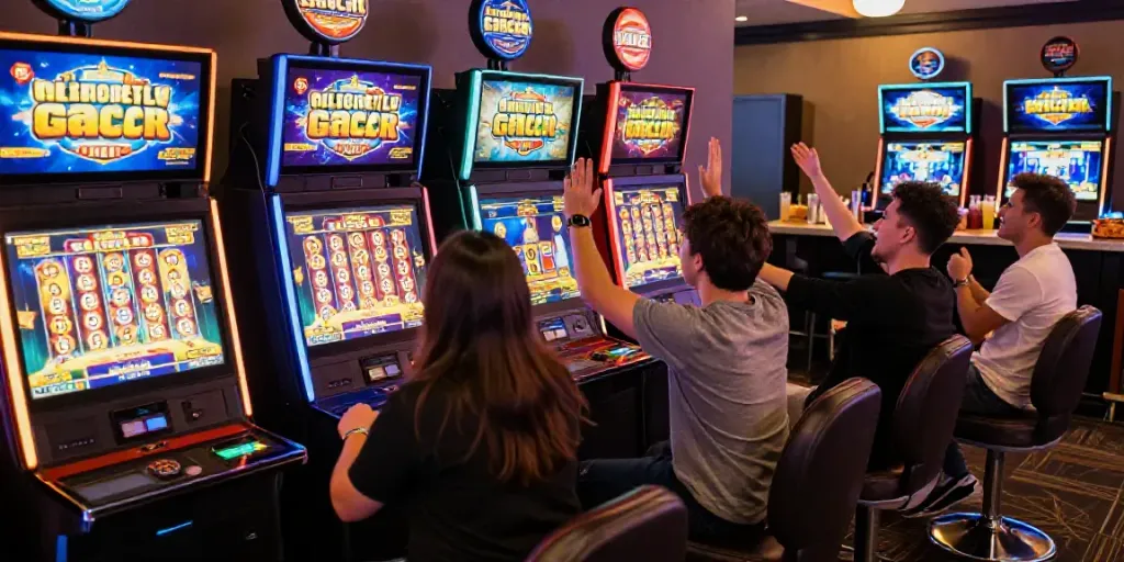 Suasana ruang permainan slot gacor dengan pemain merayakan kemenangan jackpot.