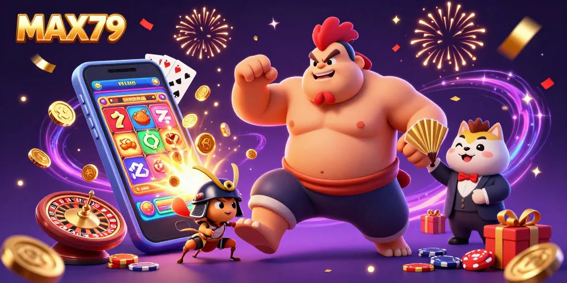 Experience thrilling gameplay with MAX79 featuring colorful slots and dynamic characters in a rich casino setting.