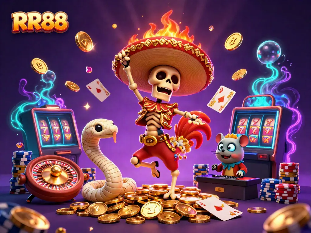 RR88 showcases a vibrant 3D gaming scene with a festive skeleton mariachi rooster celebrating amidst gold coins and casino elements.
