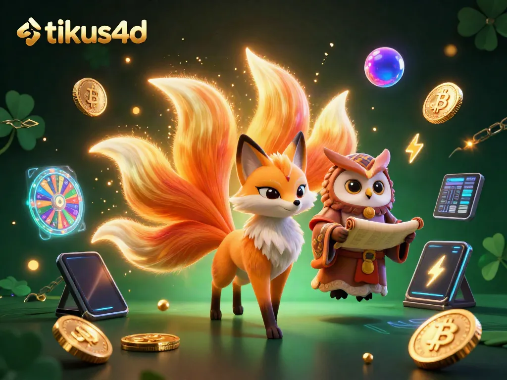 Engaging scene of tikus4d featuring nine-tailed fox spirit, owl sage, and colorful floating orbs in a dynamic lottery setting.