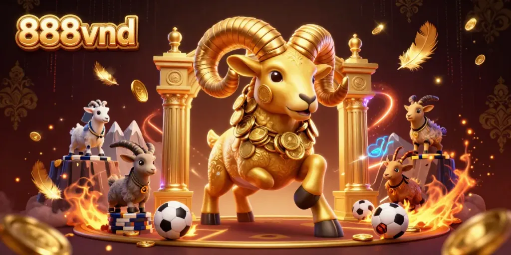 Experience engaging gaming with 888vnd as a golden ram charges through a thrilling sports betting arena.