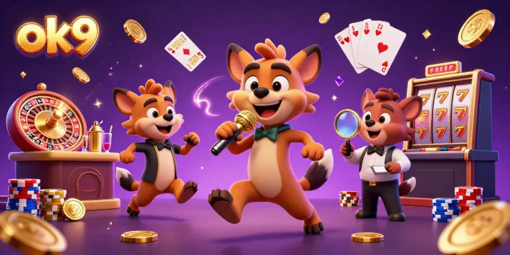 Visualize a thrilling casino scene with a 3D comedian hyena entertaining guests at ok9, surrounded by vibrant casino elements.