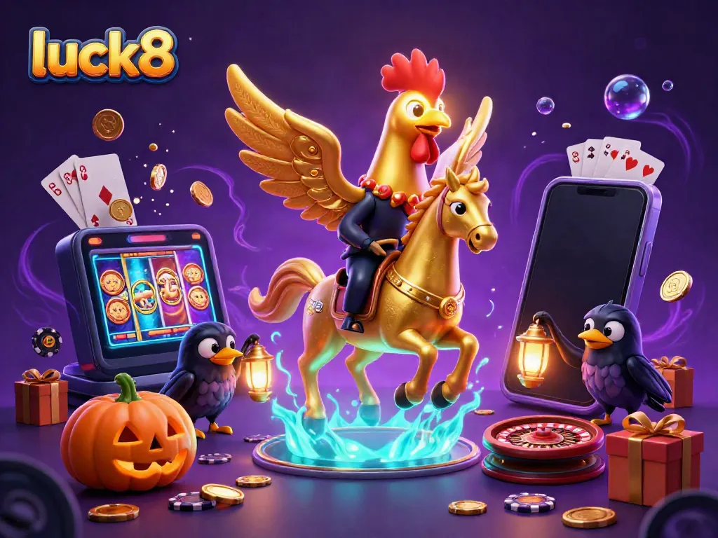 Engage in excitement at luck8 with a golden rooster and spectral horse in a vibrant casino setting.