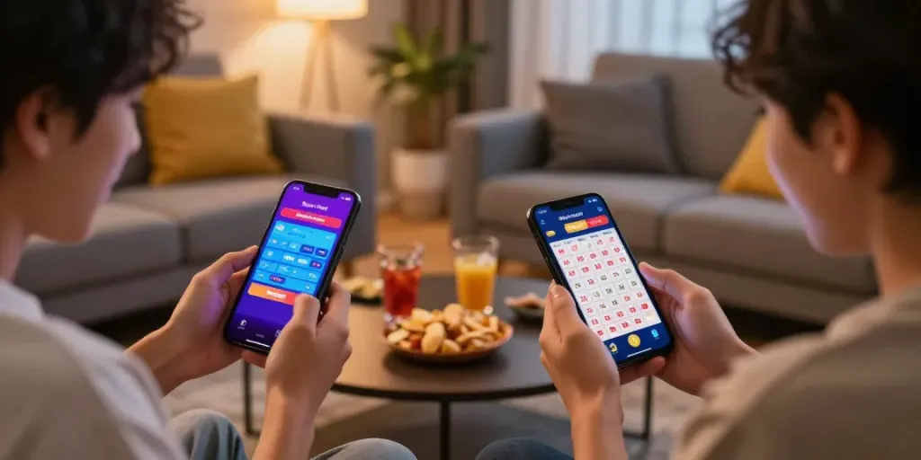 Teman mengecek hasil Bandar Togel di ruang tamu modern yang nyaman.
