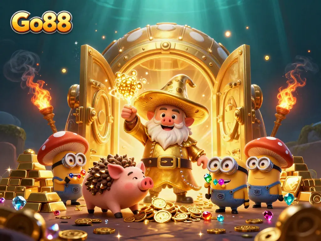 Engage in the vibrant world of Go88 with this magical 3D illustration of a golden wizard, treasures, and characters.