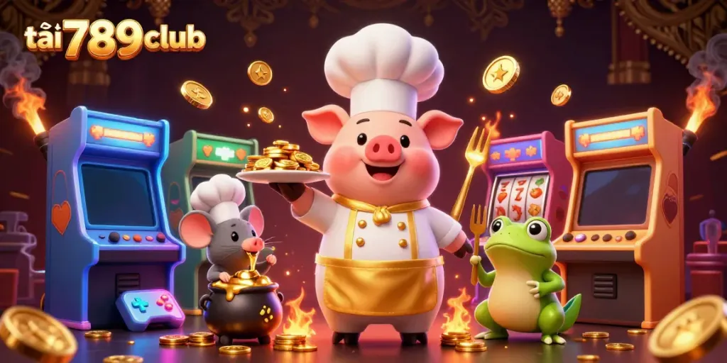 Engaging illustration featuring a 3D chef pig serving gold coins while promoting tải app 789club amidst bright casino elements.