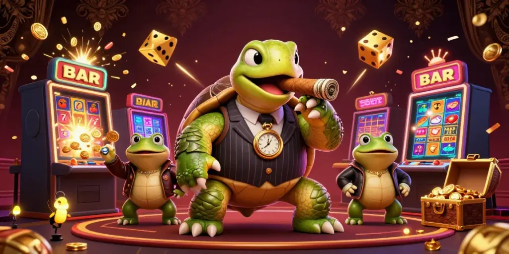 Engaging playful scene with a snapping turtle and bullfrogs representing đánh lô đề online in a colorful casino atmosphere.