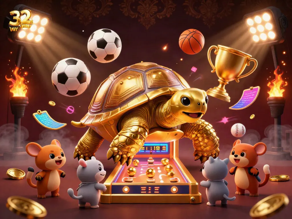 Experience excitement with 32 WIN in a vibrant 3D casino scene filled with dynamic sports elements.