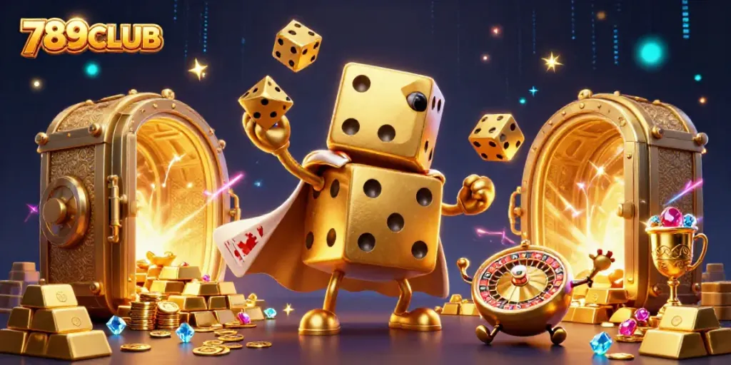 Win big with 789CLUB's golden dice juggling scene filled with treasures and casino elements.