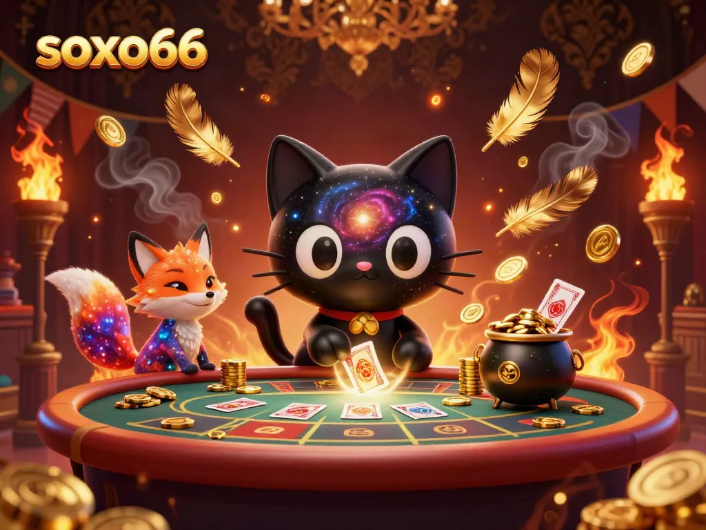 Engage with soxo66 at a cosmic casino where cats and foxes play amidst swirling chips and vibrant lights.