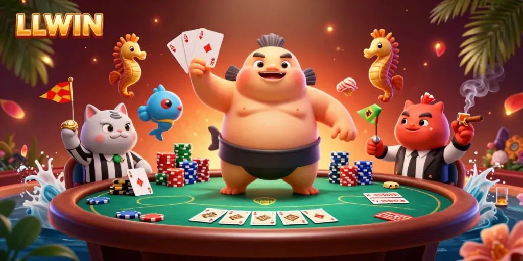 Experience LLWIN's vibrant poker scene featuring a fugu champion and festive sea creatures.