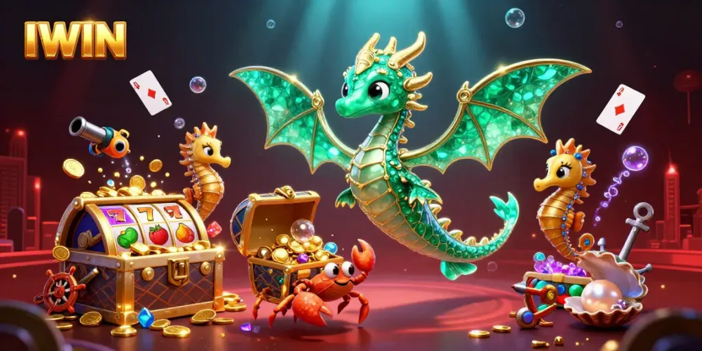 IWIN showcases an emerald sea dragon surrounded by dynamic slot game elements and treasure.