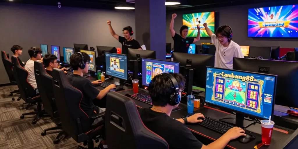 Lumbung88 gamers engaging in thrilling slot games at a modern lounge with high-tech setups and vibrant atmosphere.